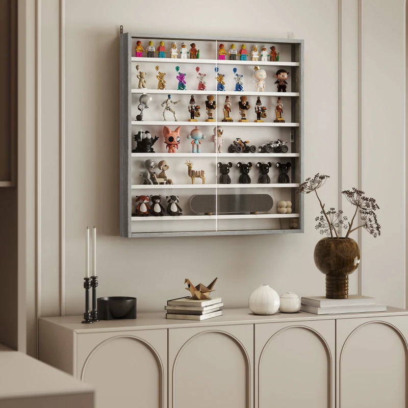 HOMCOM Bacheca Portaoggetti a 5 Ripiani Regolabili in Legno con Ante in Vetro, 80x9.5x83 cm, Bianco e Grigio