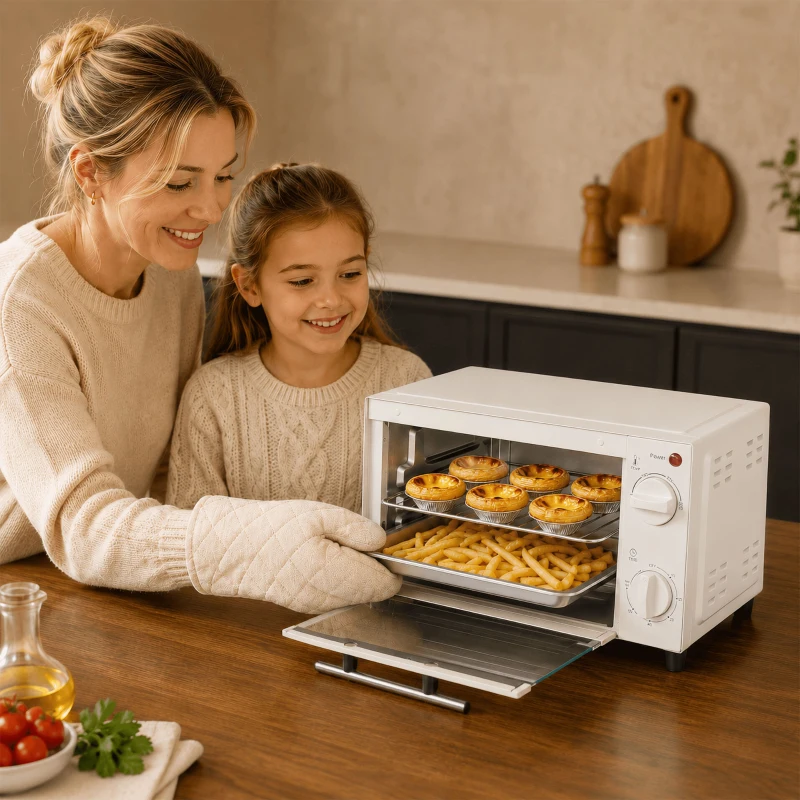 HOMCOM Minibackofen, 9 L Mini-Ofen mit Backblech, Grillrost, mit einstellbarer Temperatur und Garzeit, Edelstahl, Cremeweiß(m-9)