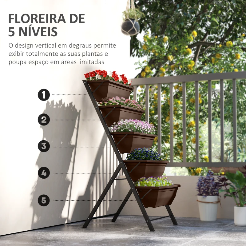 Outsunny Suporte para Plantas de 5 Níveis com 5 Vasos Orifícios de Drenagem para Interior e Exterior 55x63x120 cm Preto
