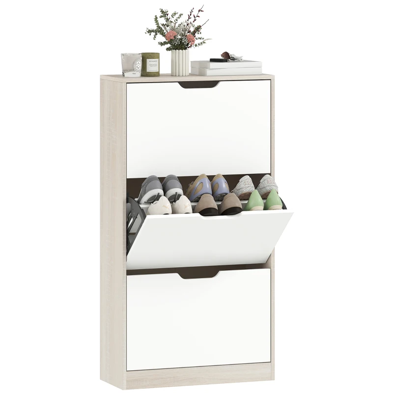 HOMCOM Meuble à chaussures 12 paires, armoire à chaussures étroite, 3 tiroirs rabattables, chêneet blanc