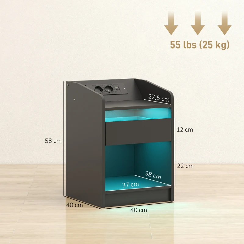 HOMCOM Mesa de Cabeceira com Luzes LED Gaveta Prateleira Estação de Carregamento Entrada USB e Controlo Remoto 40x40x58 cm Branco