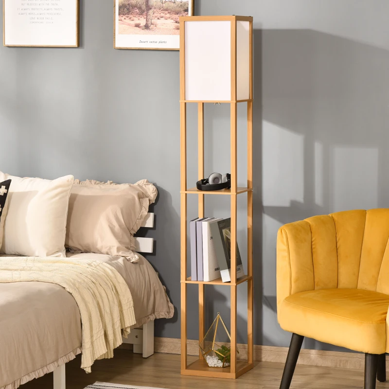 HOMCOM 3-Tier Floor Lamp with Shelves and Storage, Modern Corner Standing Lamp with Lampshade, Foot Switch for Living Room, Bedroom, Home Office, Bulb not Included, Natural