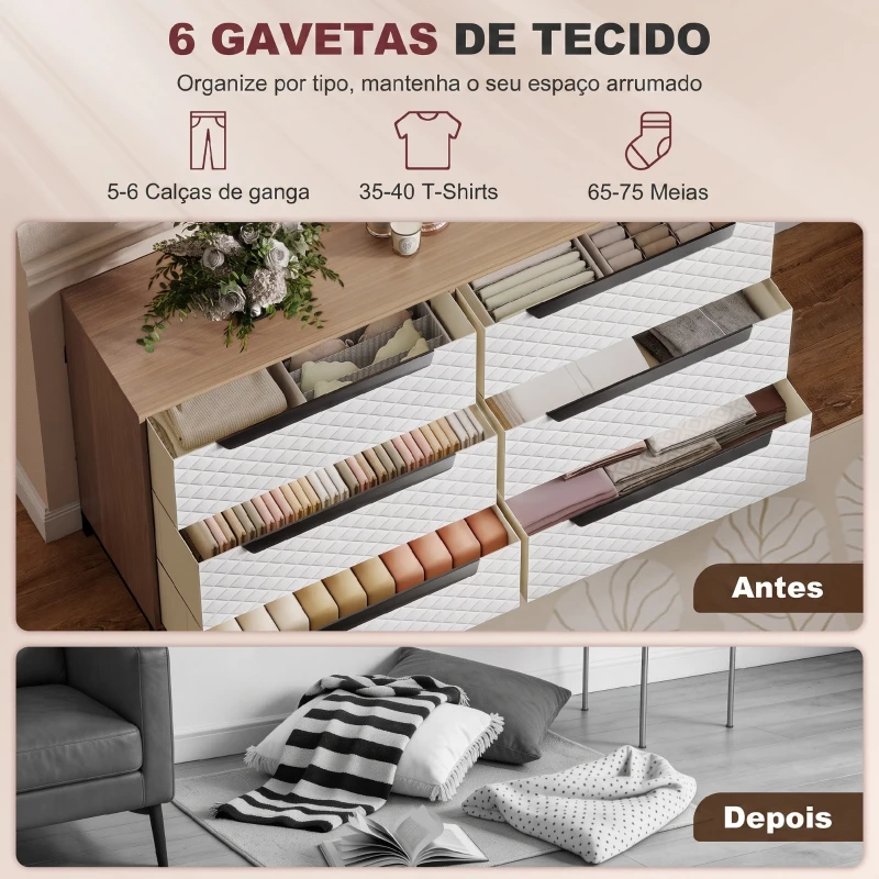 HOMCOM Cómoda com 6 Gavetas de Tecido Frentes com Padrão de Diamante Móvel de Arrumação 117,5x30x73,5 cm Madeira e Branco