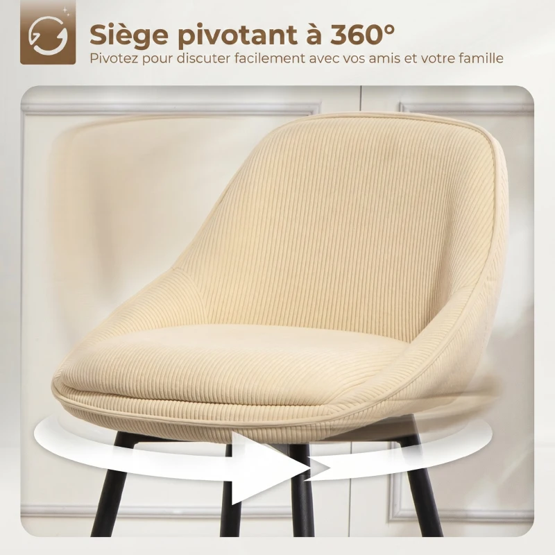 HOMCOM Lot de 2 tabourets de bar en tissu velours côtelé, chaises de bar avec dossier courbé, repose-pieds, 49x52x88cm, beige(m-4)