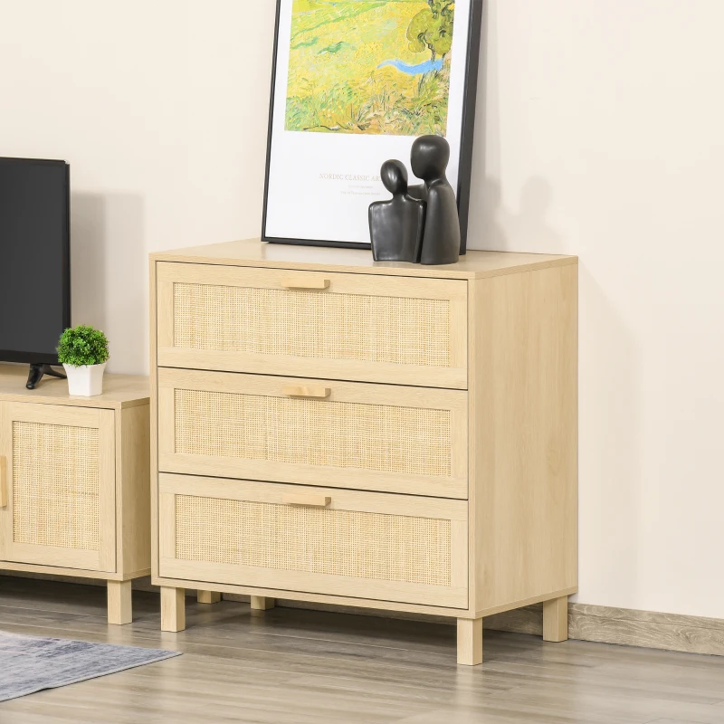HOMCOM Commode 4 tiroirs cannage en rotin dim. 80L x 40l x 80H cm MDF Aspect Bois Clair