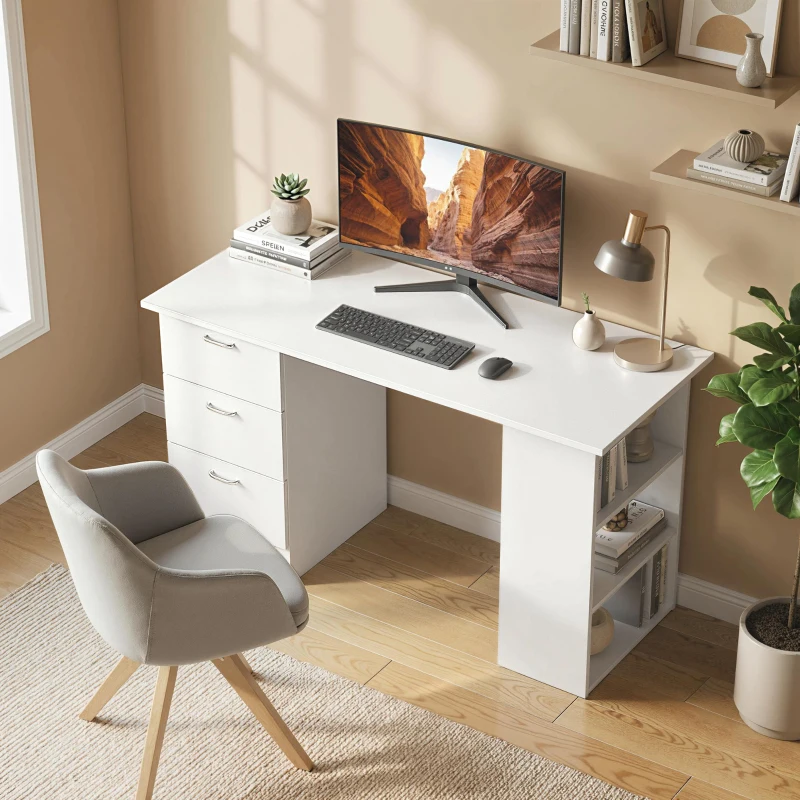 HOMCOM Bureau d'ordinateur avec 3 tiroirs et 3 étagères ouvertes, 120x49x72cm, bureau avec rangement réversible, style moderne, table informatique pour chambre, petit espace, télétravail, blanc