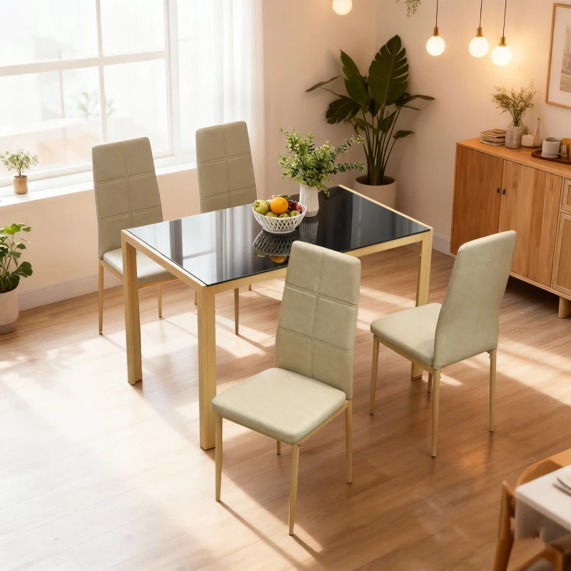 HOMCOM Ensemble Table à Manger avec 4 Chaises en Cuir Synthétique, Plateau Rectangulaire en Verre Trempé, 120x70x75cm, Naturel