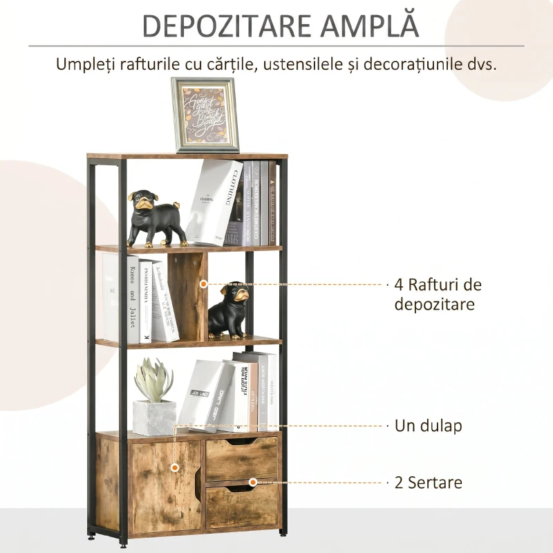 HOMCOM Bibliotecă cu 3 Rafturi, Dulap și 2 Sertare, din PAL și Metal, 58x24x122 cm