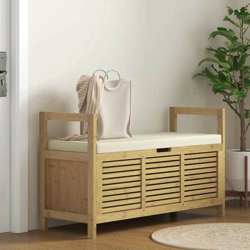 HOMCOM Schoenenrek met opbergruimte, Schoenenbank, zachte zitting, Bamboe, 100x40x60 cm