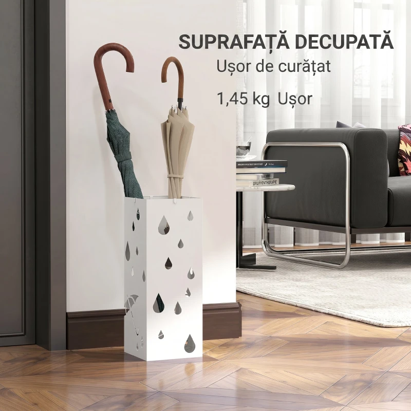HOMCOM Suport pentru umbrele din metal cu 4 cârlige și tavă pentru scurgere, 15.5x15.5x41cm, alb