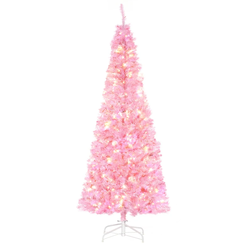 HOMCOM Árvore de Natal Artificial Altura 180cm Ignífugo com 618 Ramos 300 Luzes LED IP20 Decoração de Natal Rosa