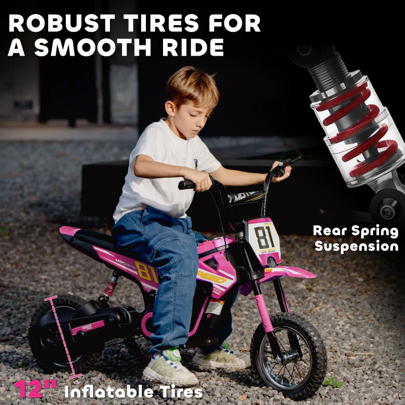 AIYAPLAY Kids Electric Motorbike, 24V Ride On Motorcycle with 3 Speeds and Rear Suspension, Dirt Bike for 8-12 Years Old, Pink