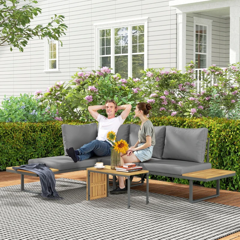 Outsunny Ensemble de meubles de jardin modulable en bois d'acacia 6 places, salon de jardin d'angle avec table, gris
