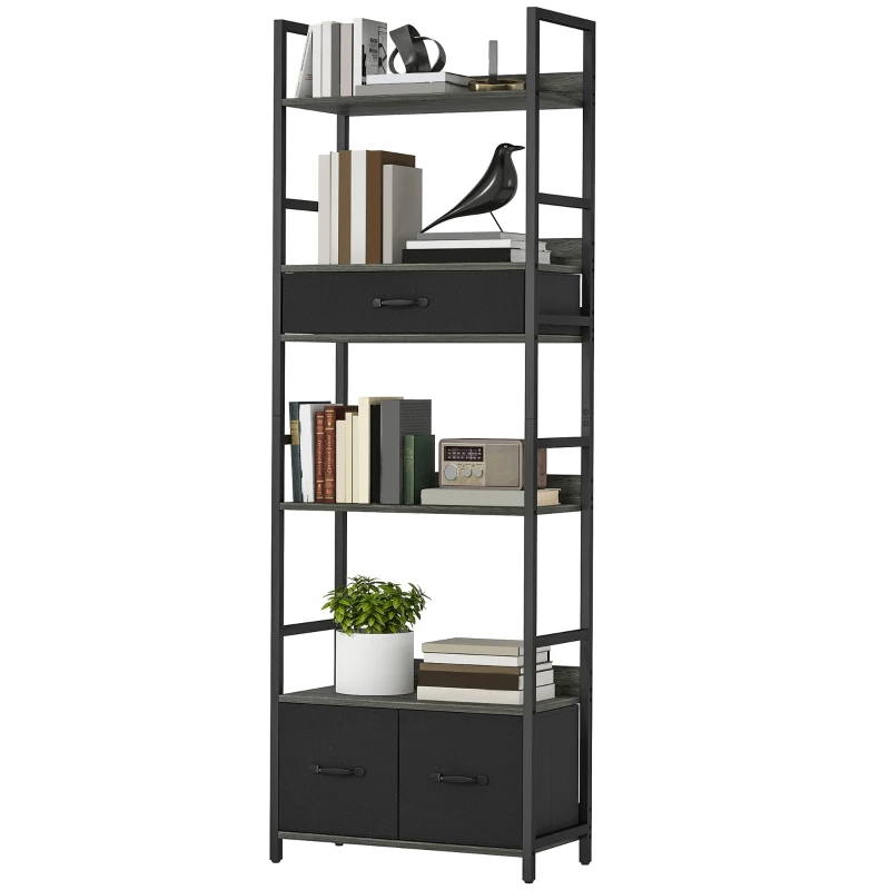 HOMCOM Industrial Style Bookcase, with 4 Shelves and 3 Fabric Drawers - Grey/Black