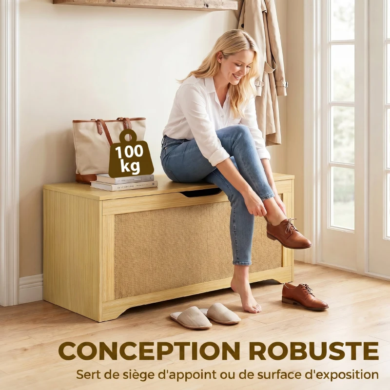 HOMCOM Coffre de Rangement en Rotin 136L, Banc Coffre avec Couvercle Relevable et 2 Charnières de Sécurité, Chêne