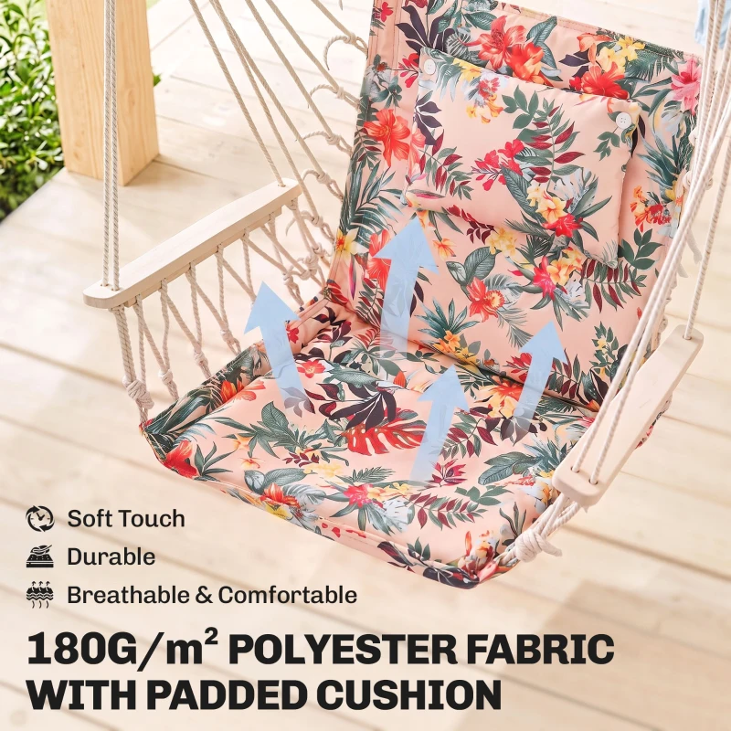 Outsunny Garden Outdoor Hanging Hammock Chair Thick Rope Frame Wooden Arms Safe Garden Outdoor Spot Stylish Multicoloured floral