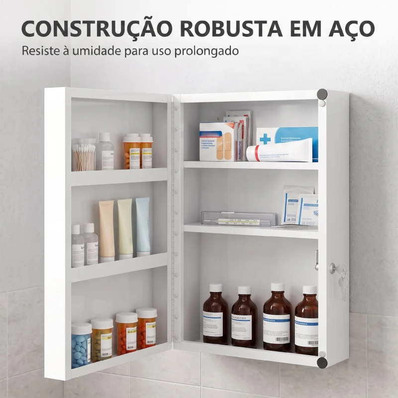 HOMCOM Armário de Medicamentos de Parede com 6 Compartimentos, Fechadura e 2 Chaves, para Casa de Banho e Cozinha, 40x18x60 cm, Branco