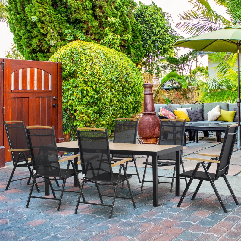 Outsunny Salon de jardin extérieur 6 personnes, cadre en aluminium, table 190 cm, 6 chaises pliables et inclinables, noir