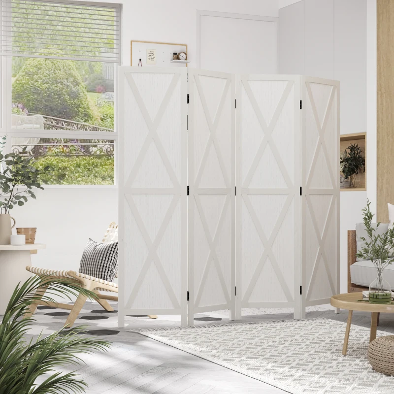 HOMCOM Biombo de 4 Paineis Separador de Ambientes Dobrável 182x170cm Divisória para Espaços de Madeira Decoração Elegante para Dormitório Sala de Estar Branco