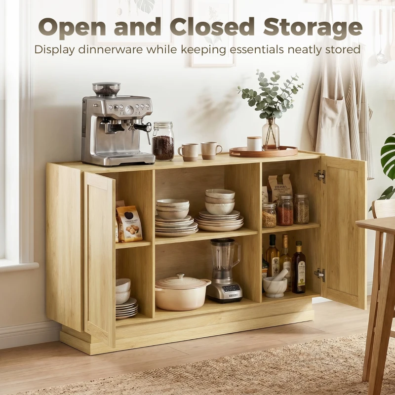 HOMCOM Sideboard Buffet Cabinet, 133 cm Storage Cabinet with 2 Open Shelves, 2 Cupboards and Soft Close Doors, Natural