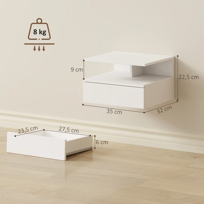 HOMCOM Conjunto de Mesas de Cabeceira Suspensas com Gaveta Montadas na Parede 35x32x22,5 cm Branco