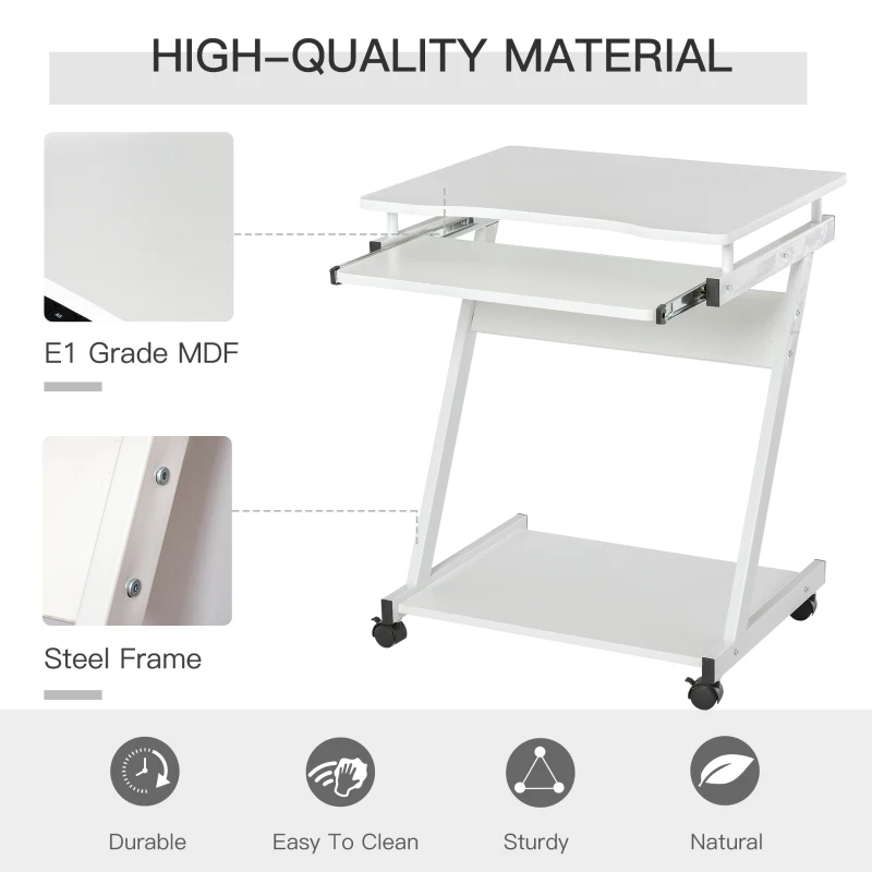 HOMCOM Movable Computer Desk with 4 Moving Wheels and Keyboard Tray White