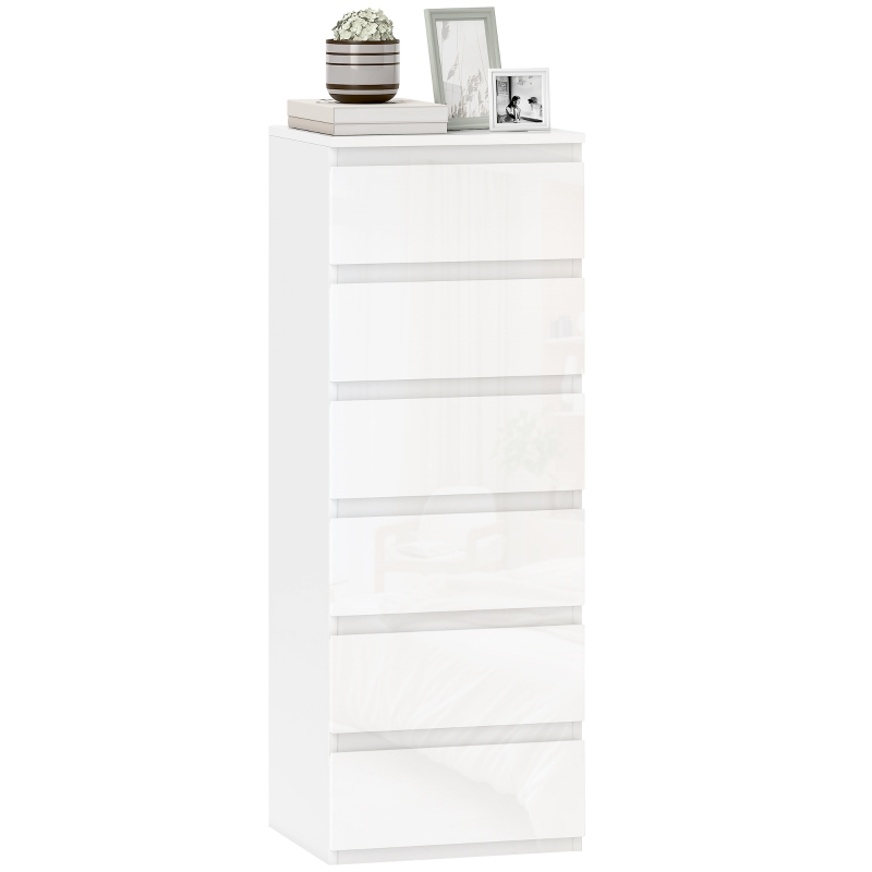 HOMCOM Commode 6 tiroirs à haute brillance, meuble de rangement étroit sans poignées, 40 x 35 x 109 cm, blanc