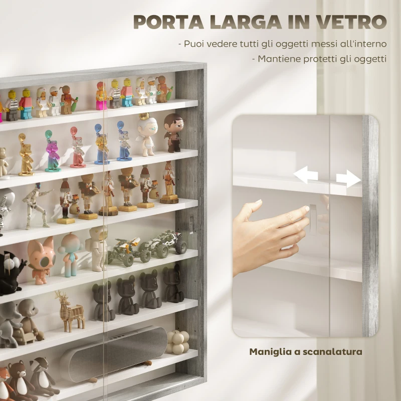HOMCOM Bacheca Portaoggetti a 5 Ripiani Regolabili in Legno con Ante in Vetro, 80x9.5x83 cm, Bianco e Grigio