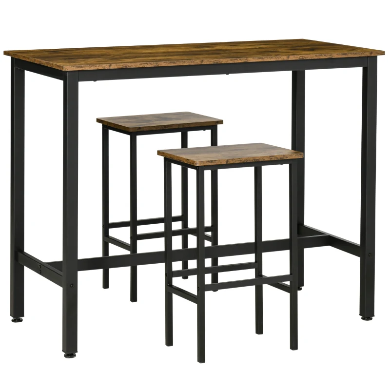 HOMCOM 120x60cm Bar Table Set, Breakfast Table with 2 Stools, 3-Piece Counter Height Dining Table & Chairs for Kitchen, Living Room, Rustic Brown