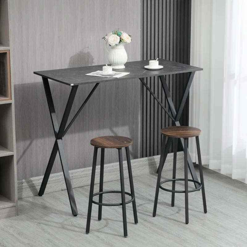 HOMCOM Bancone Bar Tavolo Alto Stile Industriale Effetto Marmo, Legno e Acciaio 120x60x102 cm, Nero