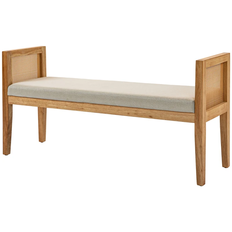 HOMCOM Panca Fondo Letto Boho con Seduta Imbottita e Braccioli in Legno e Rattan, 120x38x61.5cm, Crema