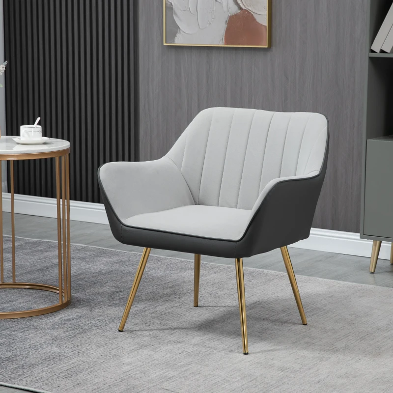 HOMCOM Poltrona de Sala de Estar Estofada em Couro Sintético e Veludo com Apoios para os Braços Pés Dourados 64x62x72,5 cm Cinza