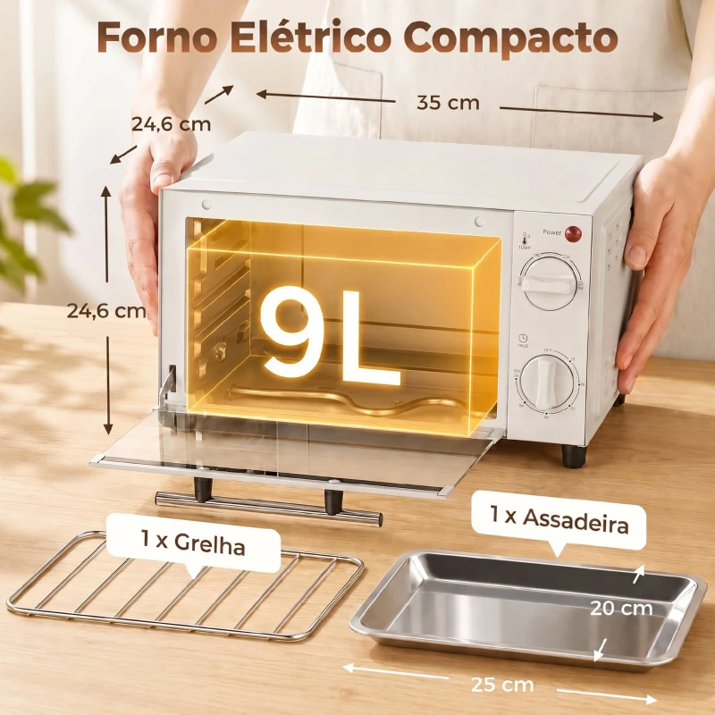 HOMCOM Mini Forno Elétrico 9L com Temperatura Ajustável até 230°C Temporizador 60 min e Bandeja para Assar 35x24,6x20 cm Creme