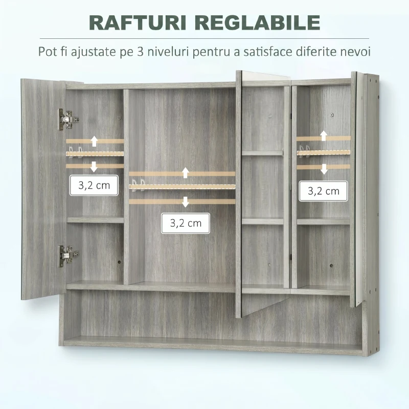 kleankin Dulap cu Oglindă, 4 Secțiuni, cu Rafturi Reglabile, din Lemn și Sticlă, 90x15x75 cm, Gri
