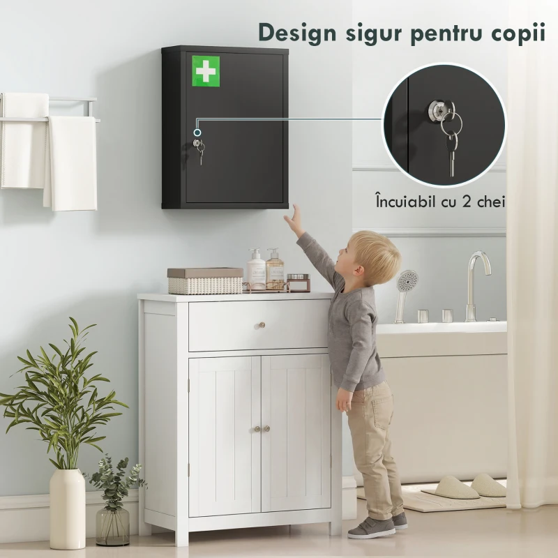 kleankin Dulap pentru medicamente pentru montare pe perete cu încuietoare, dulap de perete din oțel în 3 trepte, 40 x 15 x 53,5 cm, negru