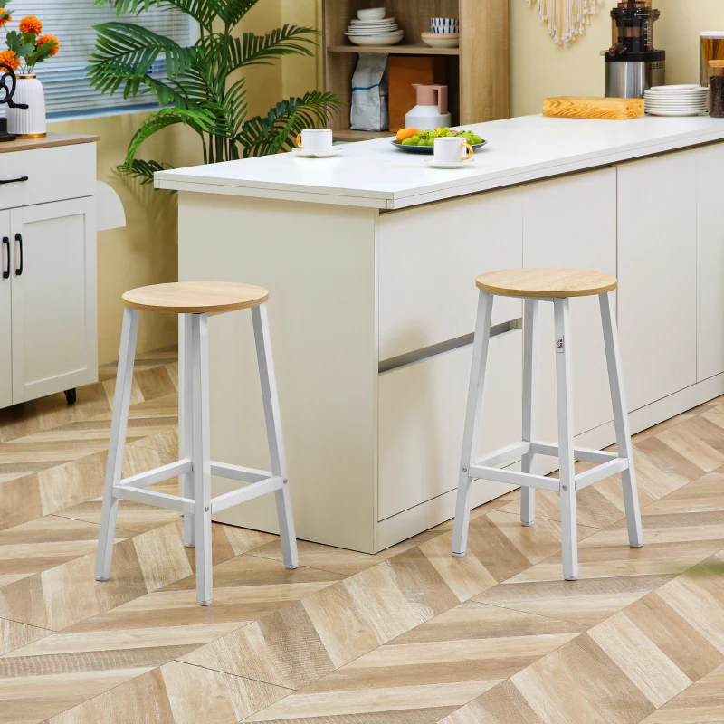 HOMCOM Set 2 Sgabelli da Cucina in Truciolato e Acciaio con Piano Liscio e Poggiapiedi, 32.5x32.5x65 cm, Bianco e Legno