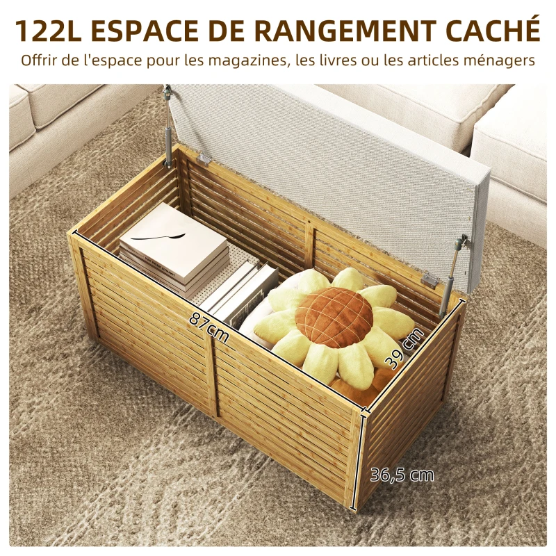 HOMCOM Banc de rangement, coffre de rangement rembourré en tissu aspect lin, couvercle et structure en bambou, gris et naturel