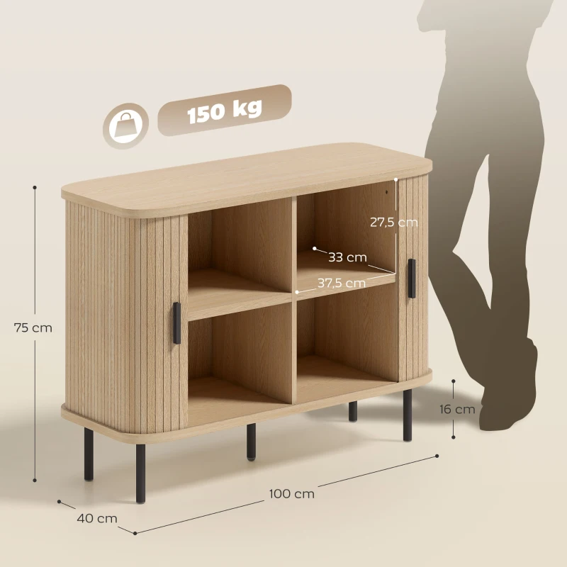 HOMCOM Buffet salon, meuble de rangement avec 2 portes coulissantes en tambour à lattes et 4 compartiments, chêne