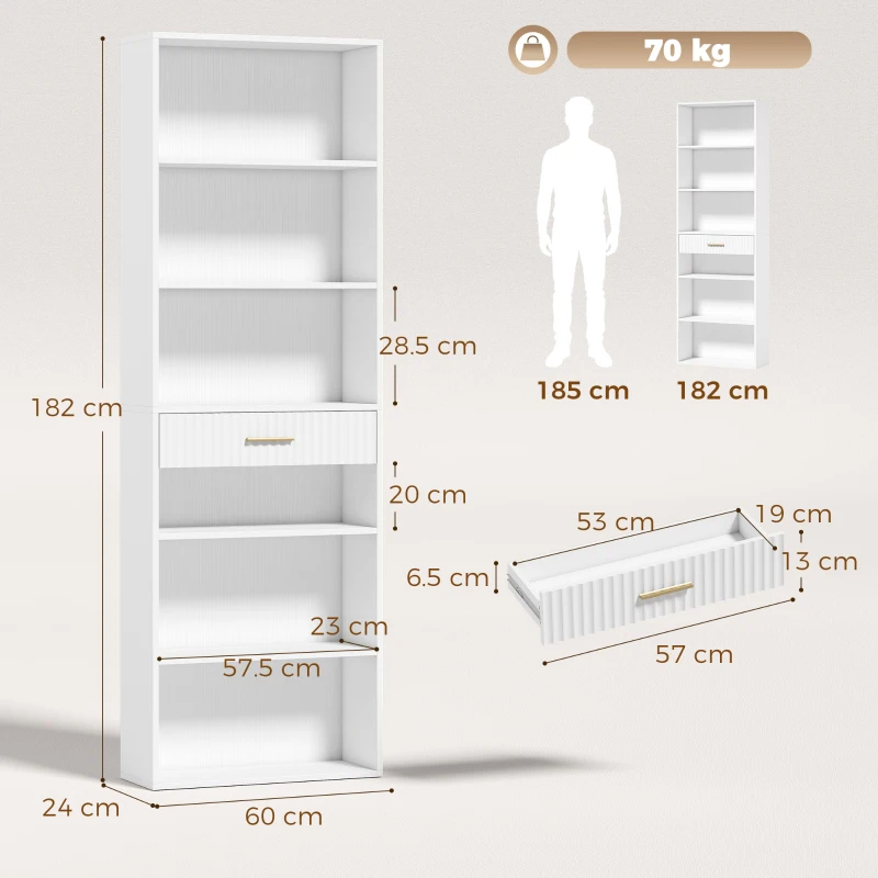 HOMCOM Bibliotecă verticală înaltă cu 7 polițe, 6 cuburi și sertar din lemn, 60x24x182 cm, Alb