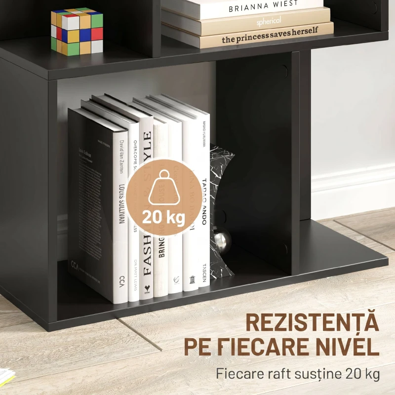 HOMCOM Bibliotecă mobilă modernă cu 5 rafturi din lemn, design modern, 60x24x184,5 cm, negru