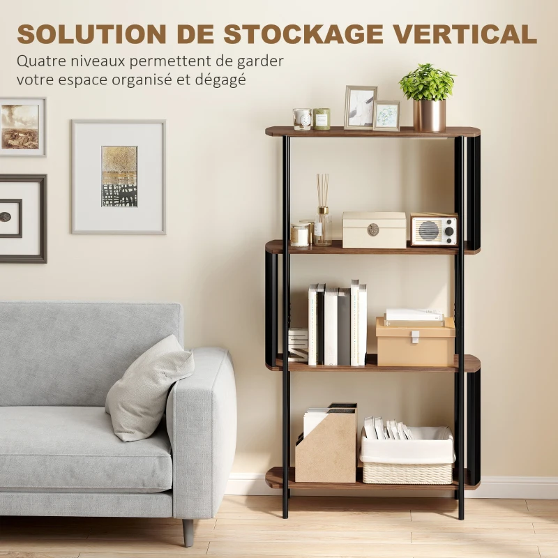 HOMCOM Étagère de rangement, bibliothèque à 4 niveaux avec panneaux latéraux incurvés, cadre en acier, 80x30x141cm, marron