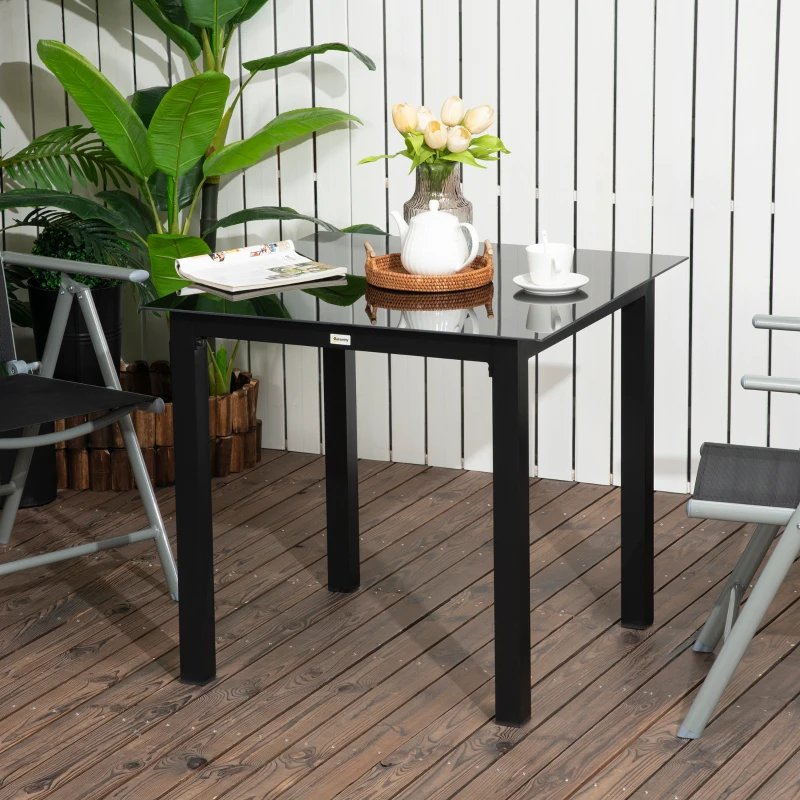 Outsunny Table de jardin carrée pour 4 personnes avec plateau en verre trempé et cadre en aluminium 80 x 80 x 74 cm noir