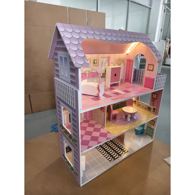 AIYAPLAY Casa de Bonecas em Madeira de 3 Andares com Luzes LED, Varanda e 8 Móveis, Rosa, 3-6 Anos