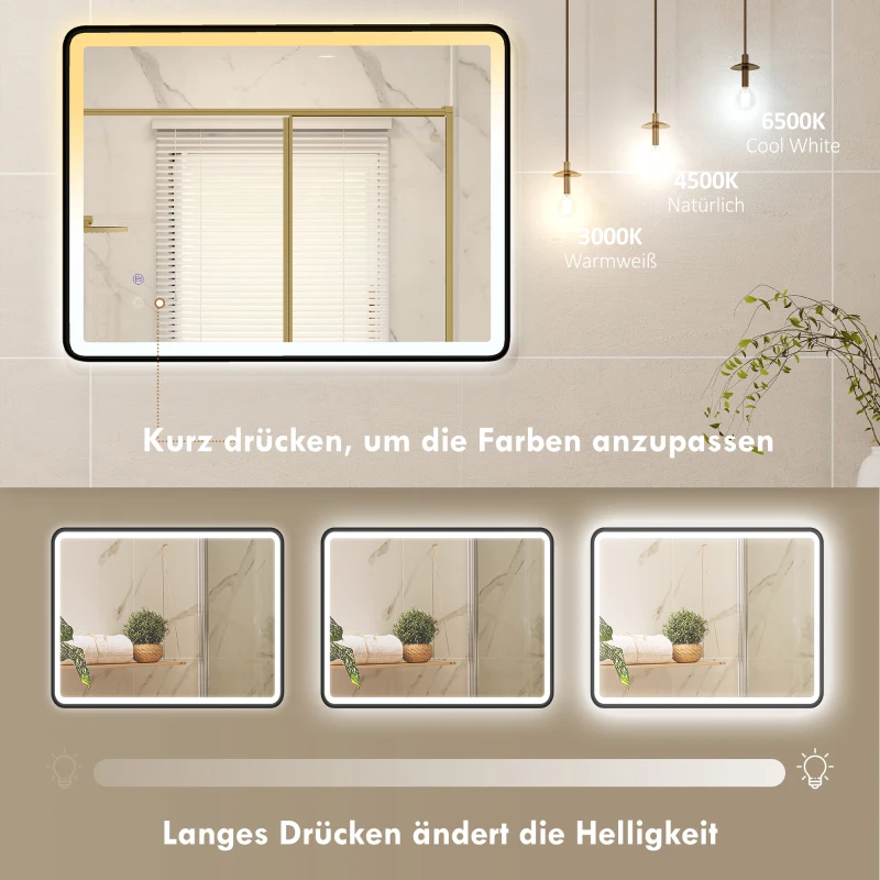 HOMCOM LED-Badezimmerspiegel Anti-Beschlag Dimmbare Schminkspiegel mit Beleuchtung 80 x 60 cm Schwarzer Rahmen