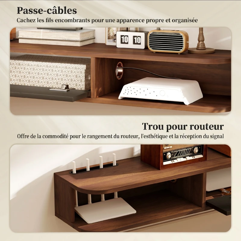 HOMCOM Meuble TV Suspendu, Meuble Télé pour Téléviseur jusqu'à 75 Pouces, Tiroir Rabattable, 2 Étagères, 180x24x16cm, Noyer