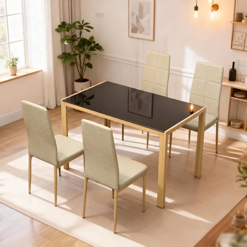 HOMCOM Ensemble Table à Manger avec 4 Chaises en Cuir Synthétique, Plateau Rectangulaire en Verre Trempé, 120x70x75cm, Naturel
