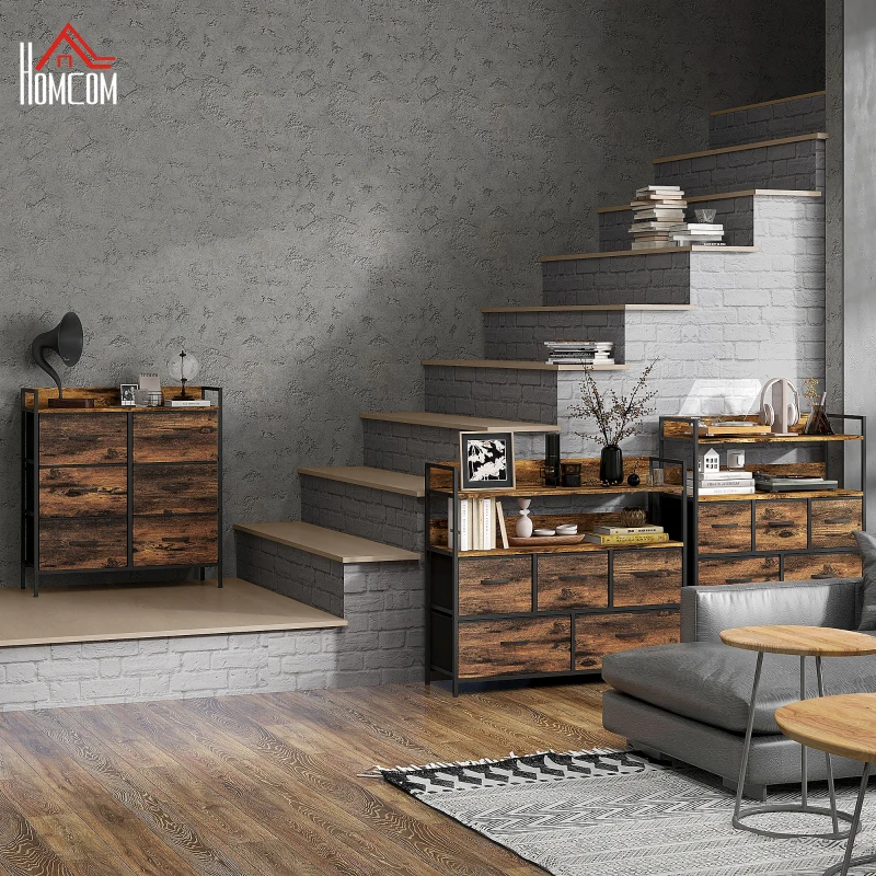 HOMCOM Commode, meuble de rangement pour chambre 6 tiroirs tissu non tissé cadre en acier, 79 x 29 x 85 cm, effet bois d'acajou