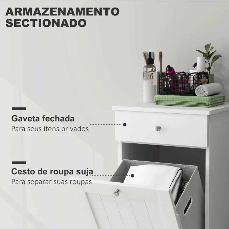 HOMCOM Armário de Casa de Banho com Cesto de Roupa Suja Basculante Móvel para Roupa Suja com Saco de Tecido Dobrável e Gaveta Branco 40x38x90 cm