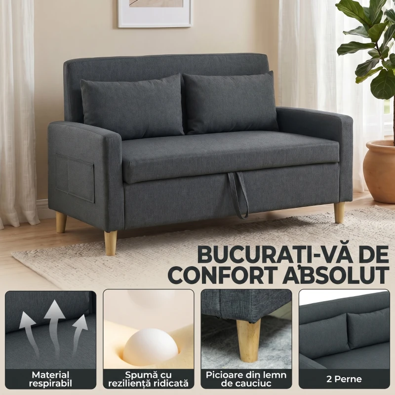 HOMCOM Canapea 2 Locuri din Țesătură Efect In cu 2 Perne Detașabile și Spațiu de Depozitare, Gri Închis