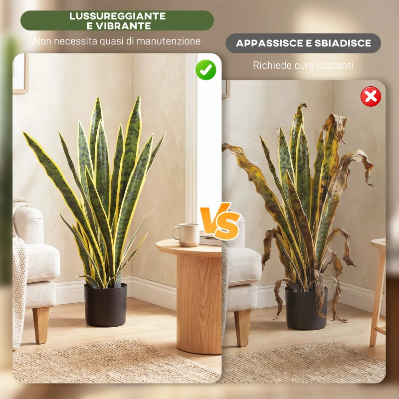 Outsunny Sanseveria Artificiale Pianta Finta Realistica con Vaso,  Ø15cm x 80cm, Verde e Giallo